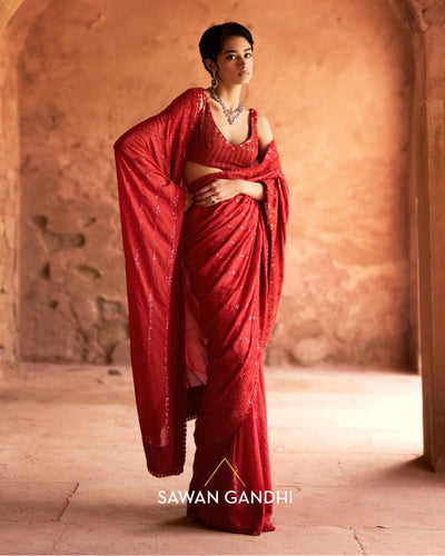 Orange Red Sequin Stripe Sari Set
