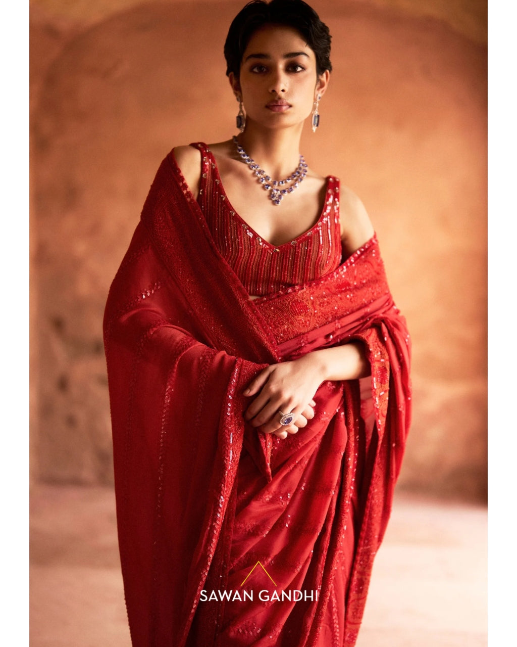 Orange Red Sequin Stripe Sari Set