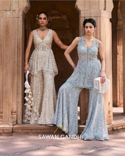Ice Blue Cutdana And Sequins Peplum Set