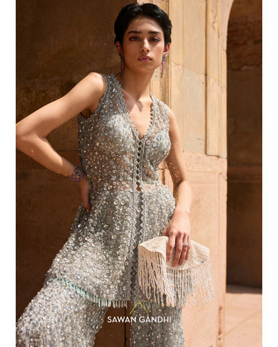 Ice Blue Cutdana And Sequins Peplum Set