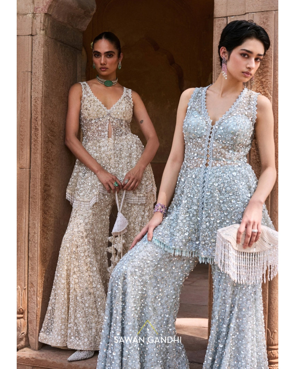Ice Blue Cutdana And Sequins Peplum Set