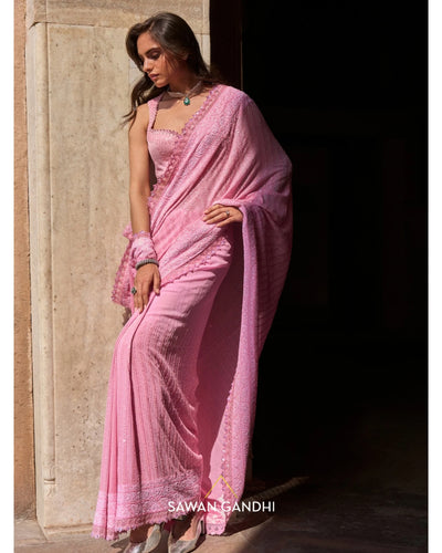 Pink Chikankari Border Sari Set