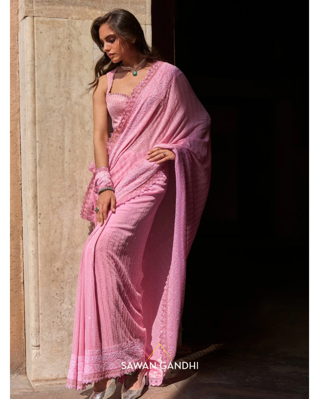 Pink Chikankari Border Sari Set