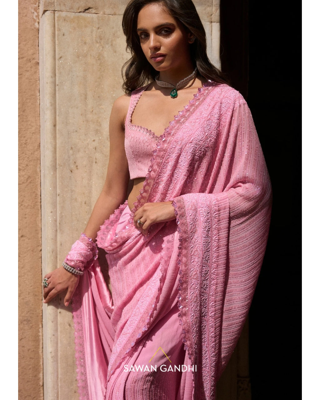 Pink Chikankari Border Sari Set