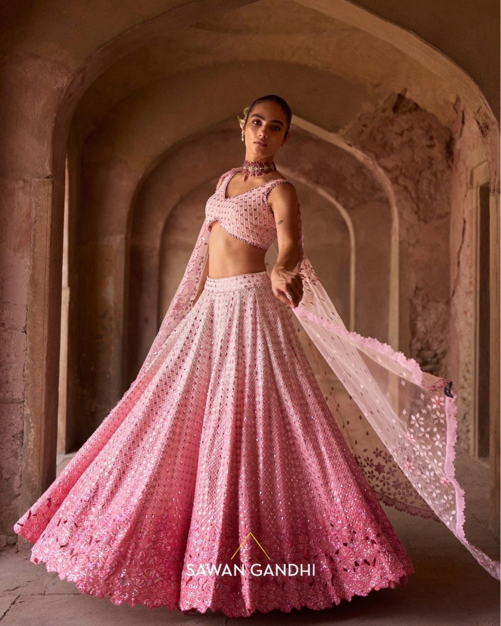 Pink Ombré Mirrorwork Lehenga Set