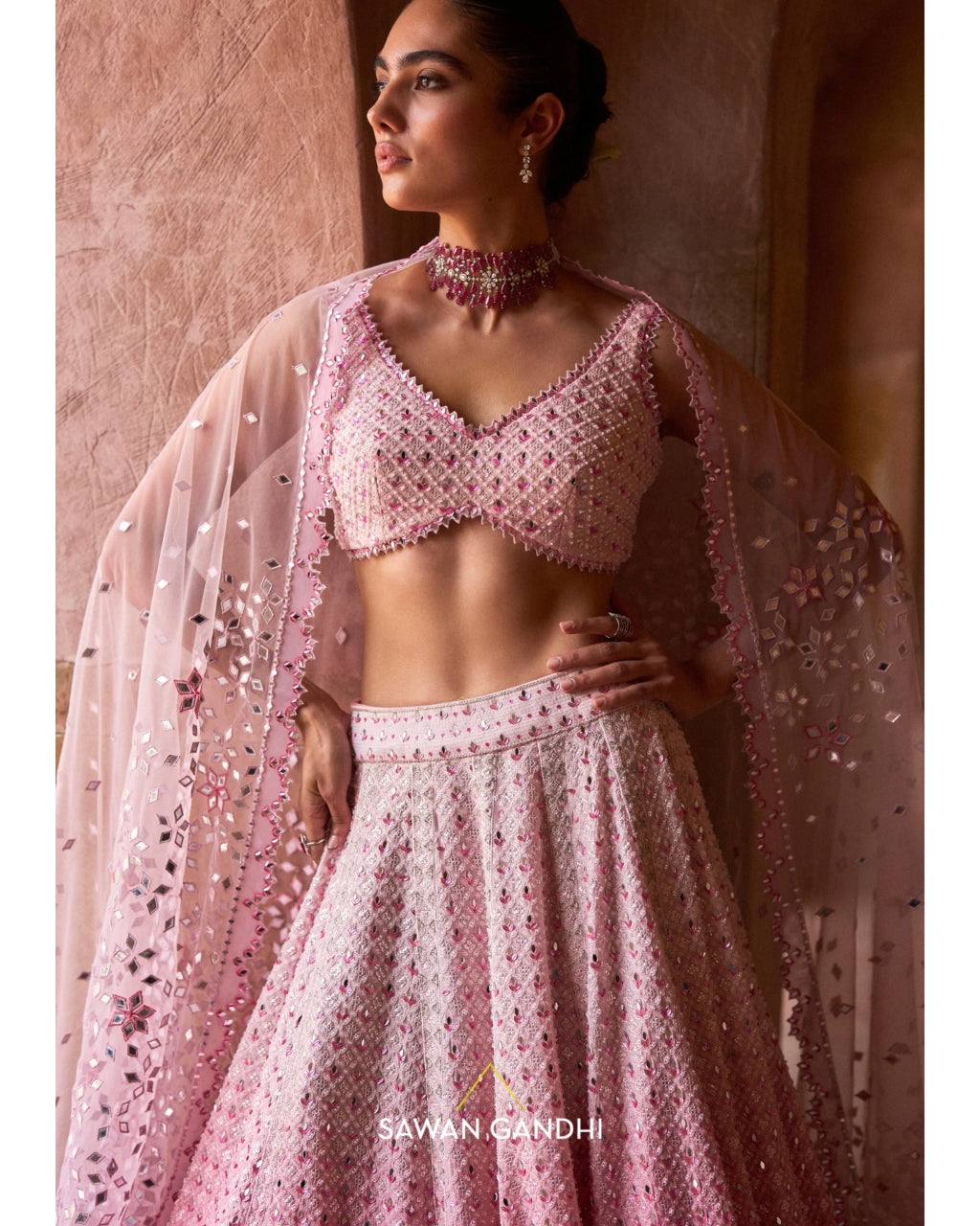 Pink Ombré Mirrorwork Lehenga Set