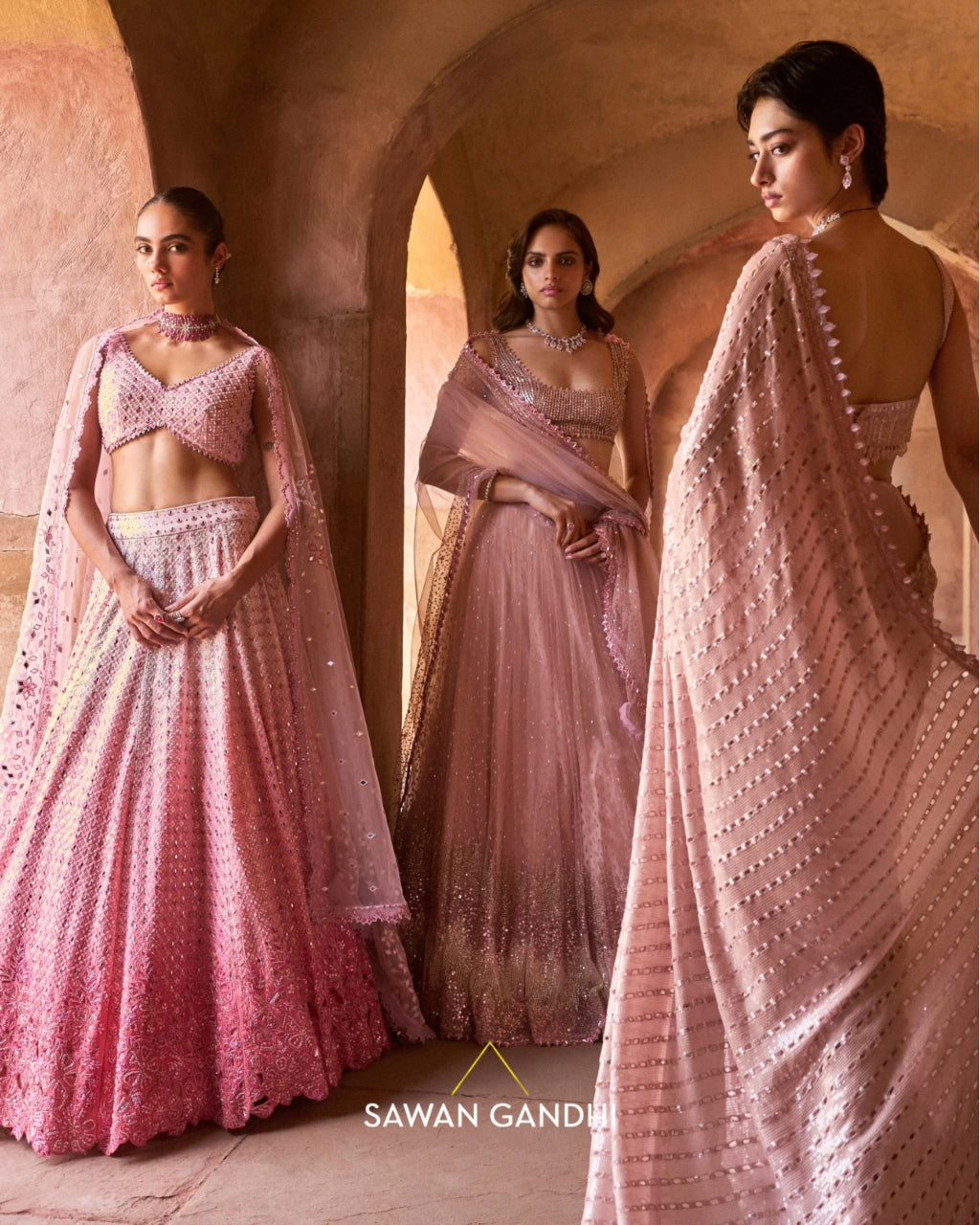 Pink Ombré Mirrorwork Lehenga Set