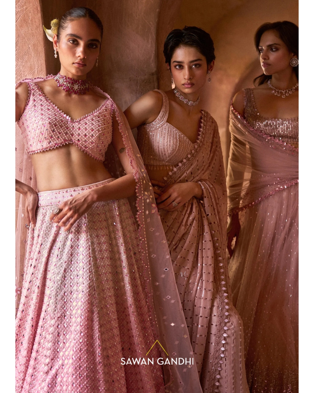 Pink Ombré Mirrorwork Lehenga Set