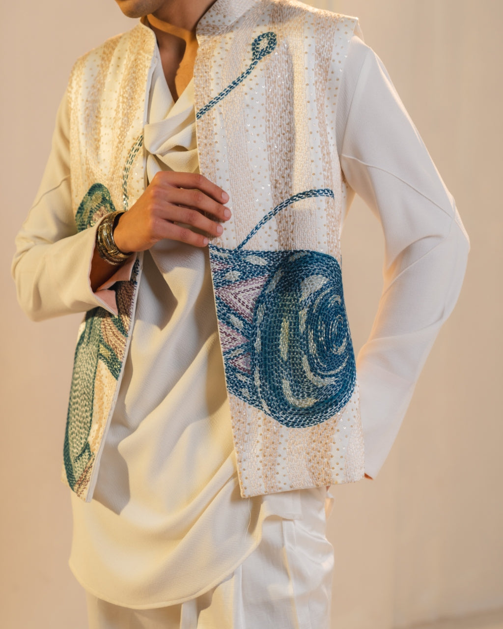 Ivory Hand Embroidered Nehru Jacket Set