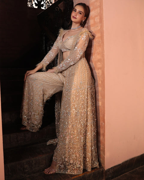 Buy Ivory bugle and sequin embroidered jacket sharara set by Ritika  Mirchandani at Aashni and Co