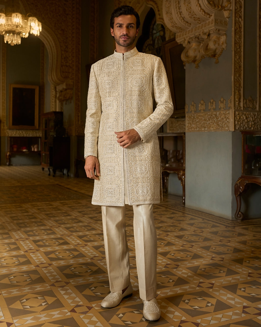 Nude Geometric Sherwani Set