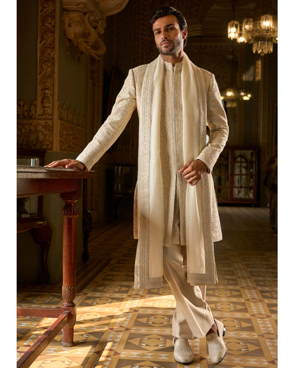 Nude Geometric Sherwani Set