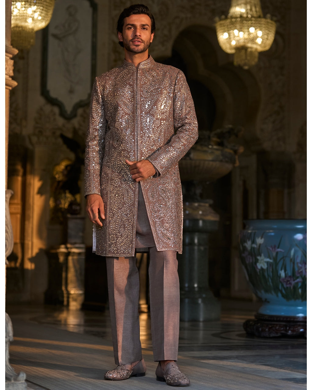 Stone Grey Mirror Work Sherwani Set
