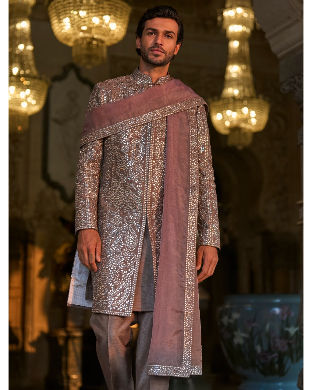 Stone Grey Mirror Work Sherwani Set