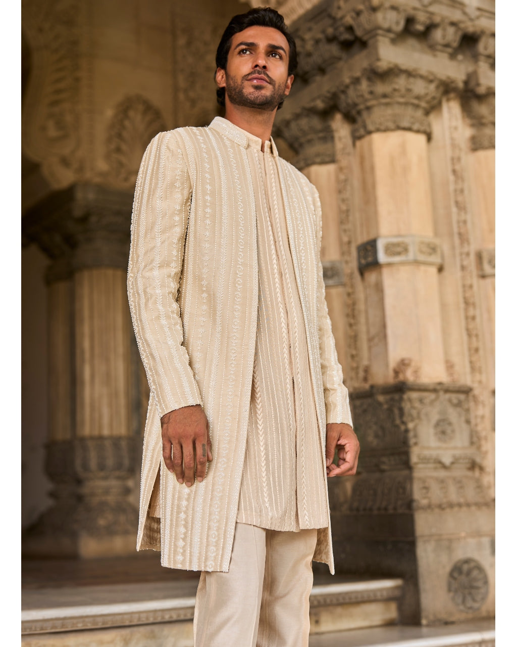 Beige Pearl Open Sherwani Set