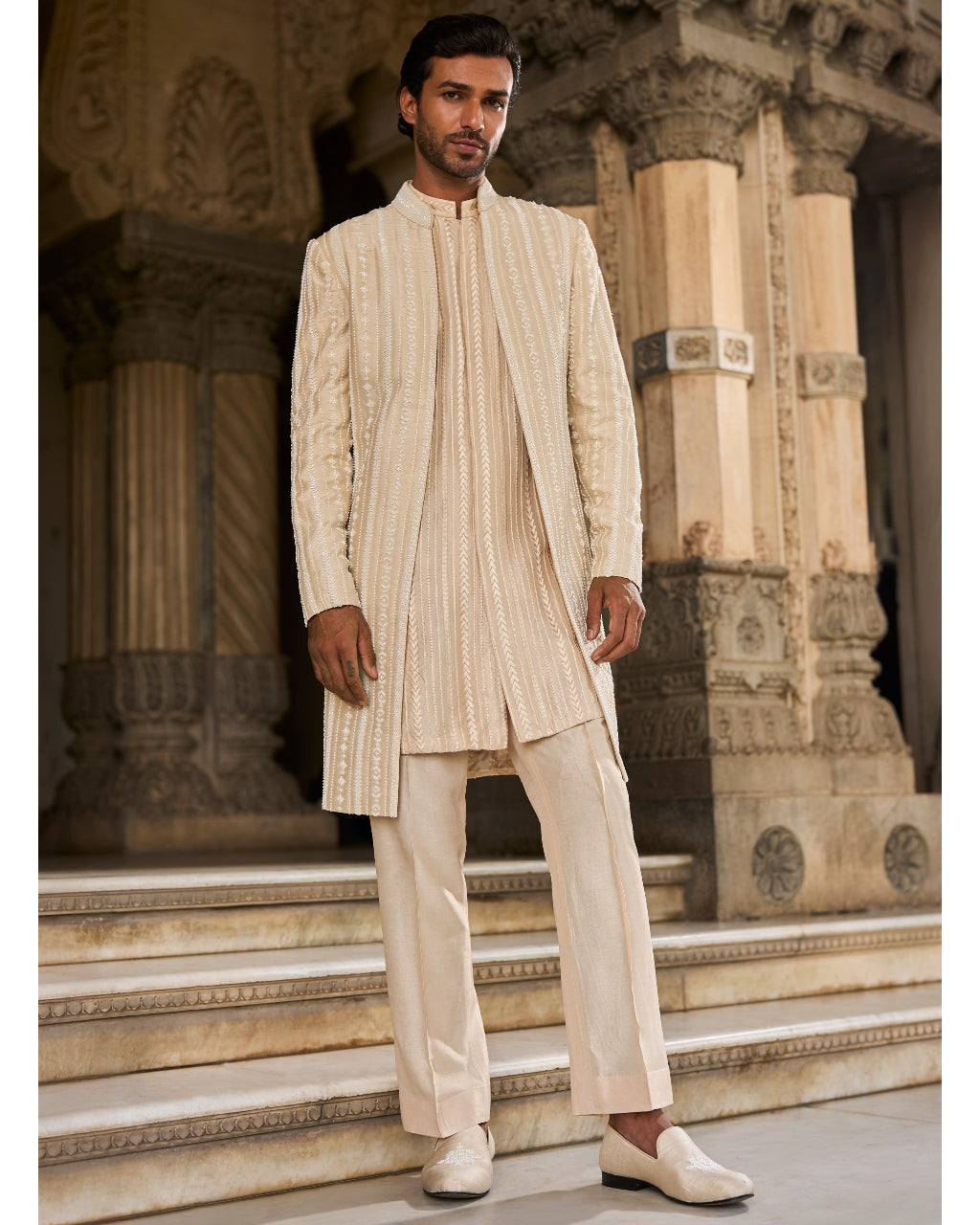 Beige Pearl Open Sherwani Set