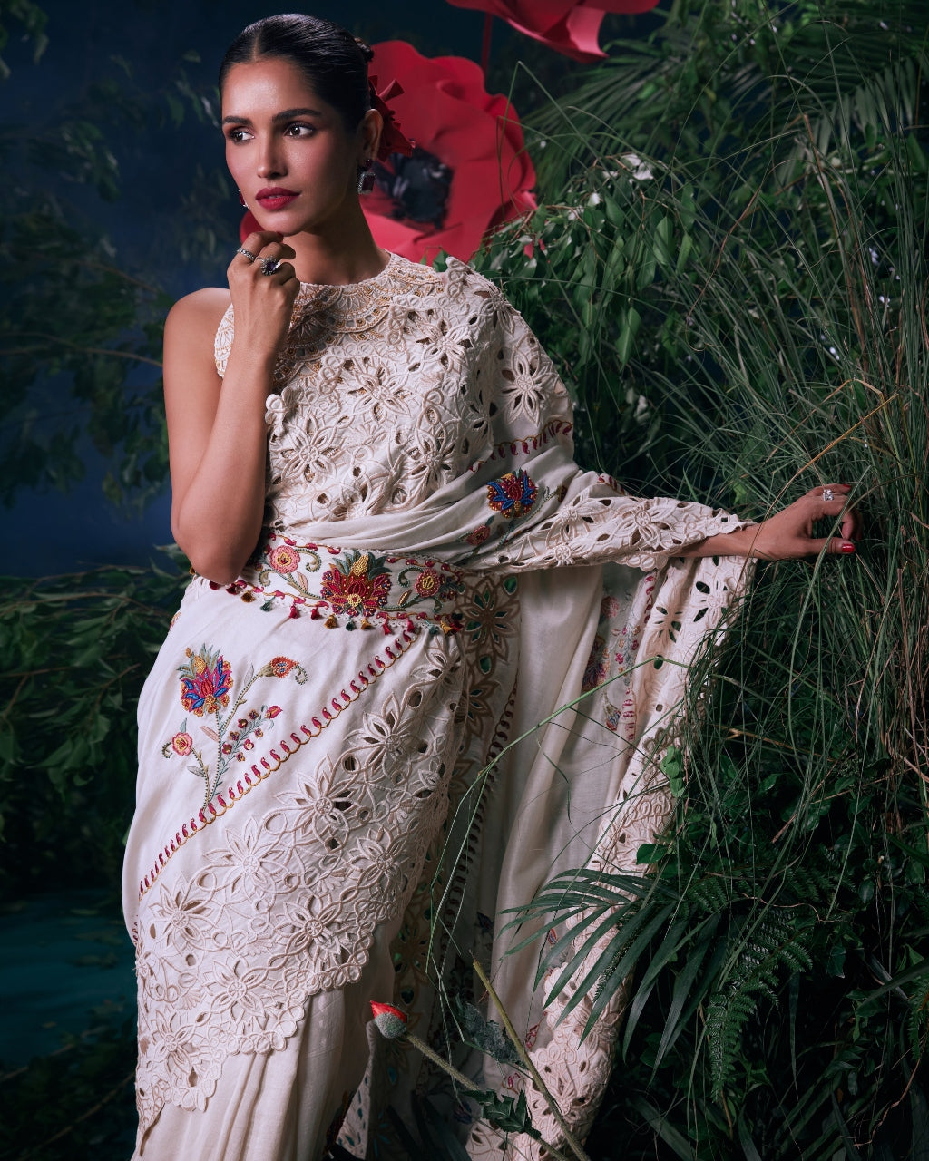 Ivory Tonal Cutwork Embroidered Sari Set