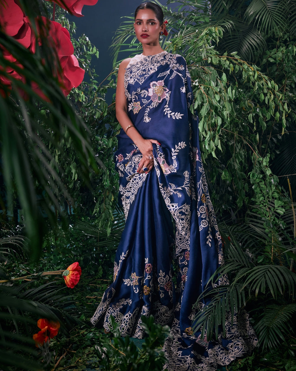 Indigo Multi Pastel Embroidered And Cutwork Sari Set