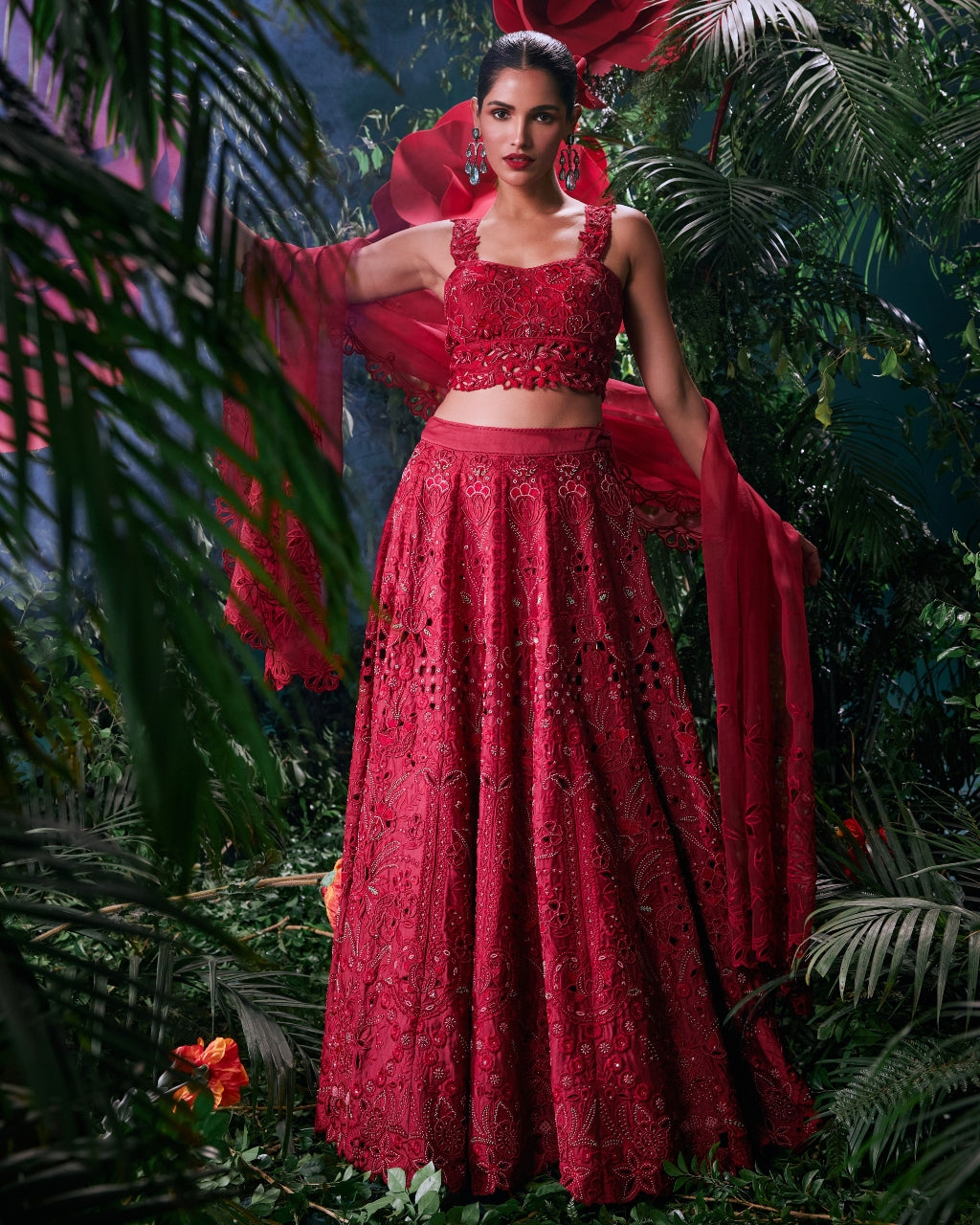 Red Tonal Cutwork Lehenga Set