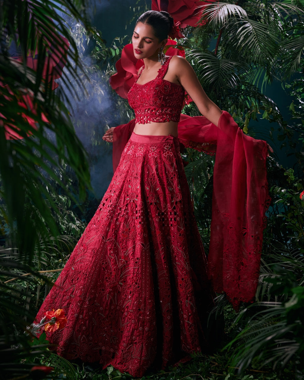 Red Tonal Cutwork Lehenga Set