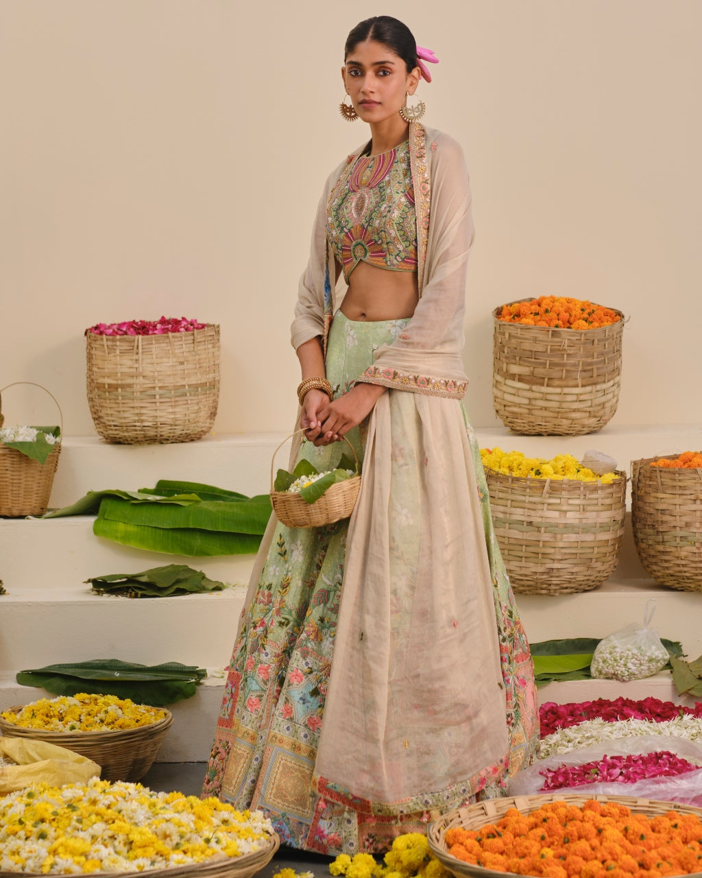 Green Floral Embroidered Lehenga Set