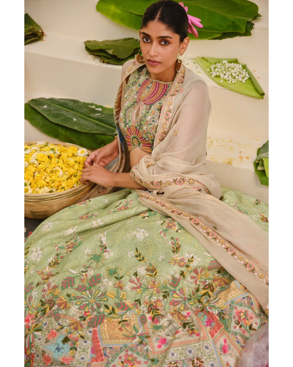 Green Floral Embroidered Lehenga Set