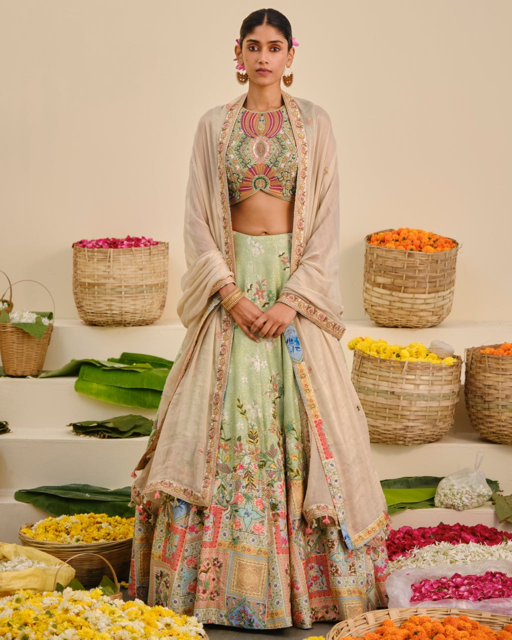 Green Floral Embroidered Lehenga Set