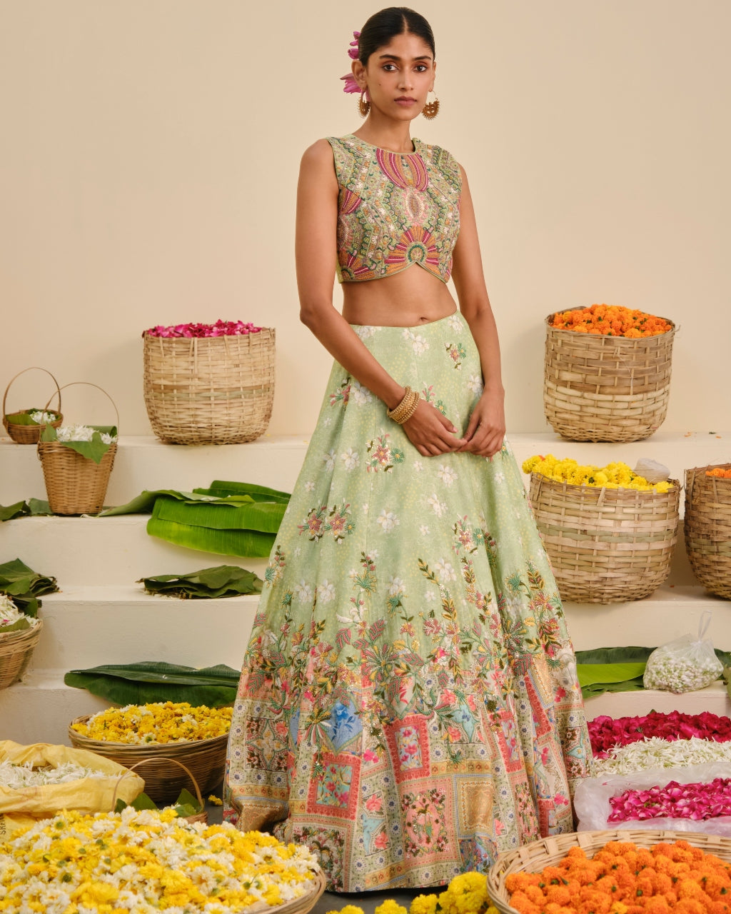 Green Floral Embroidered Lehenga Set