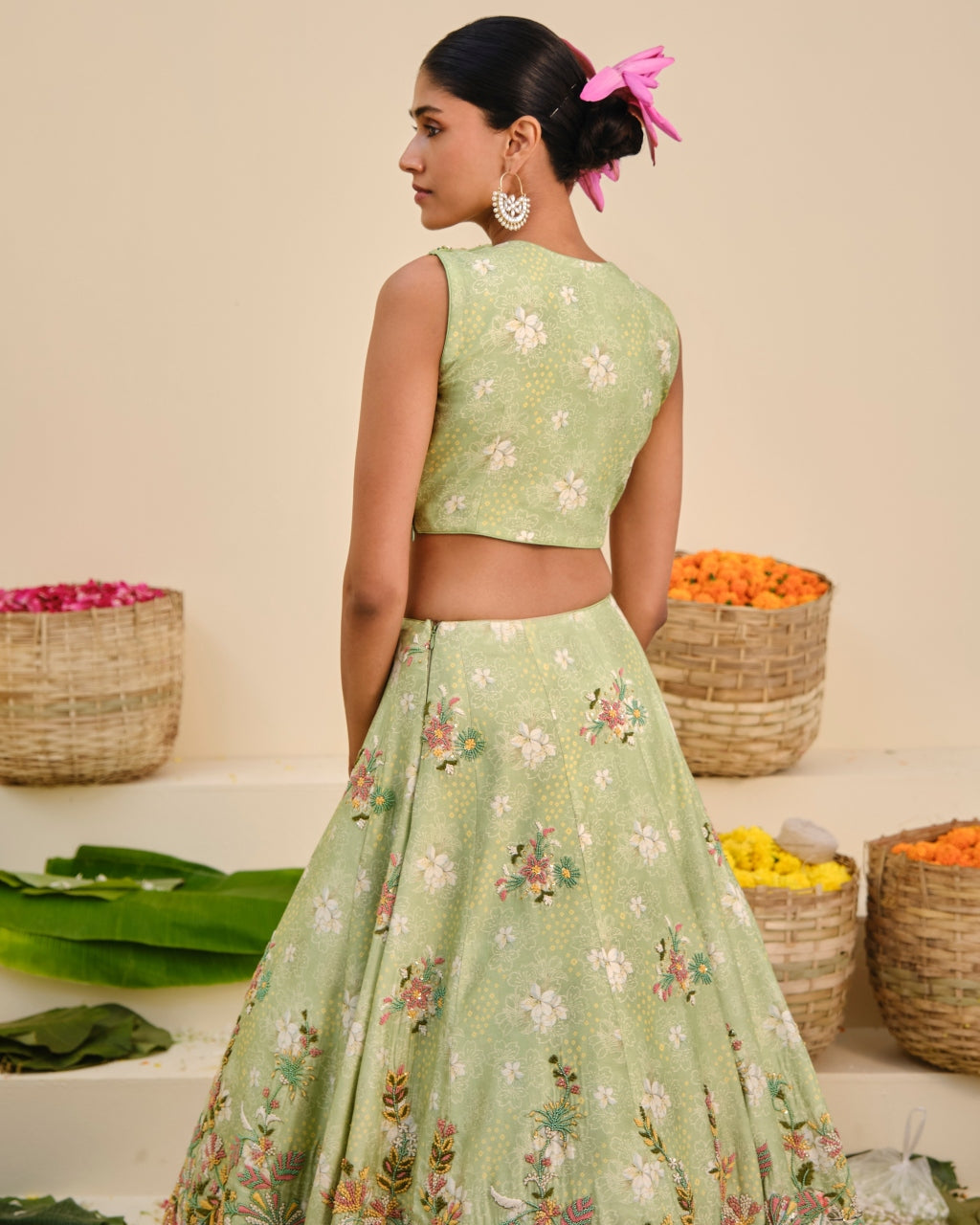 Green Floral Embroidered Lehenga Set