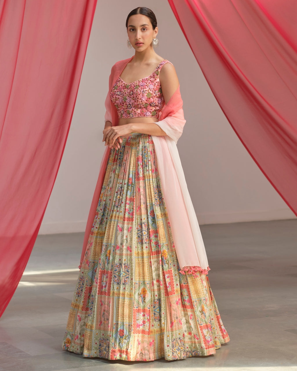 White Pink Printed Lehenga Set