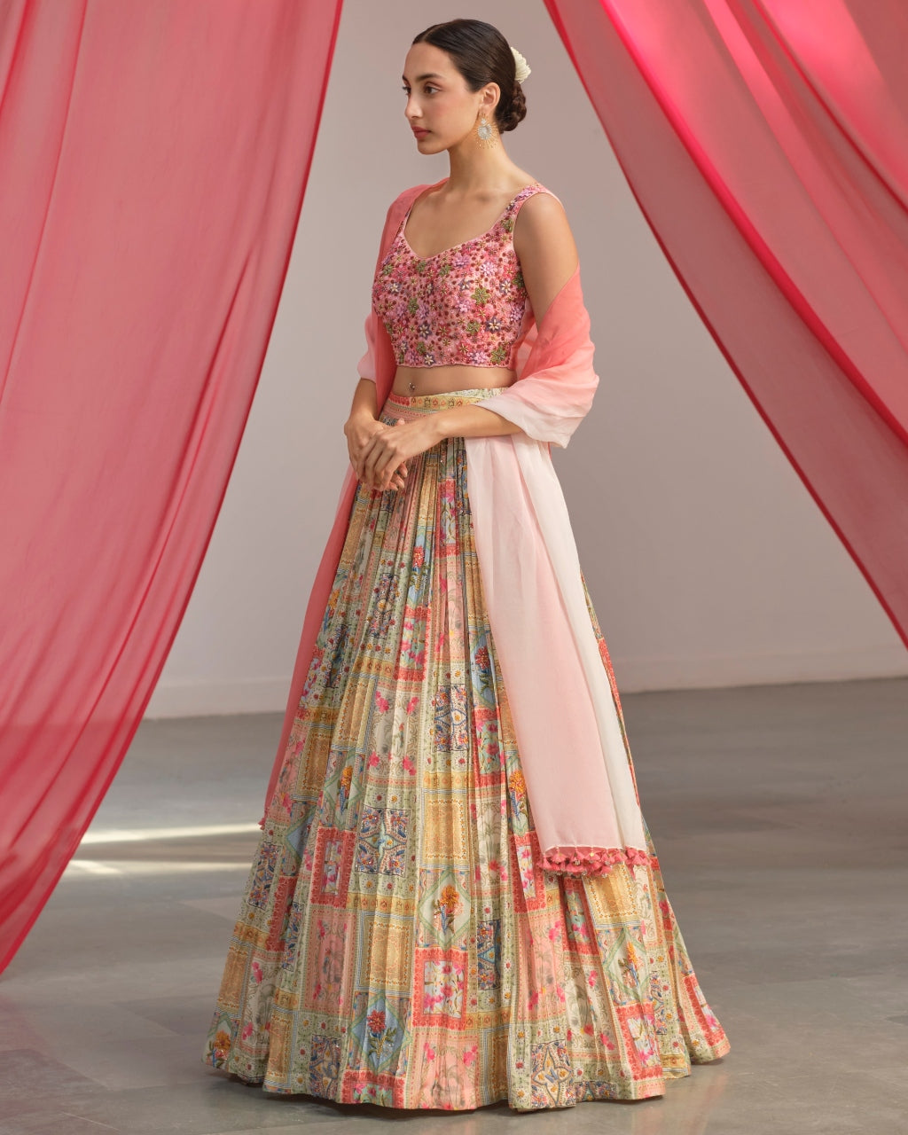 White Pink Printed Lehenga Set