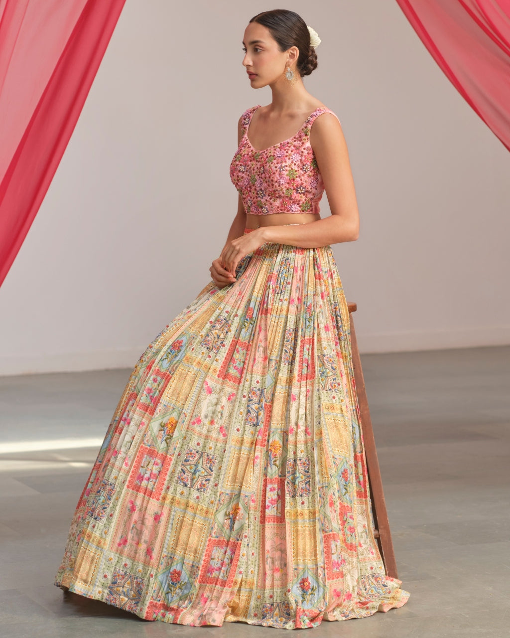 White Pink Printed Lehenga Set