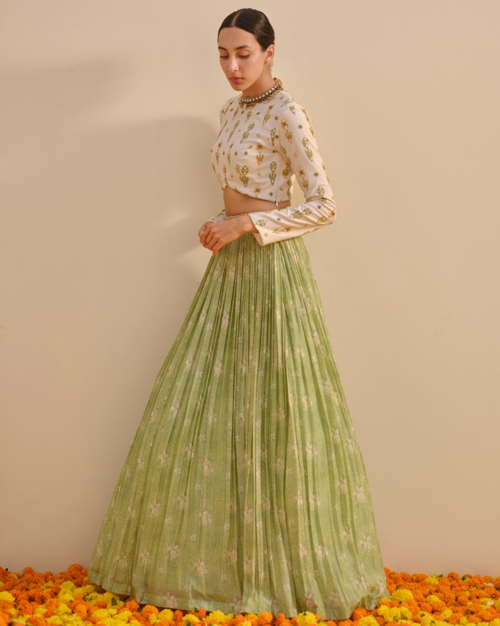 Green Floral Tulip Lehenga Set