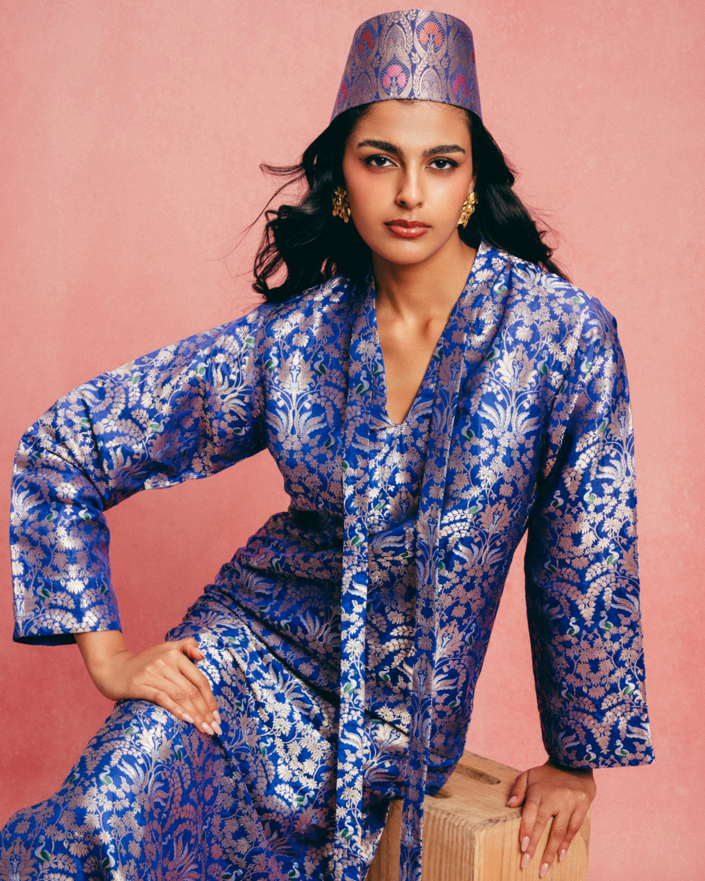 Handwoven Royal Blue Banarasi Kaftan