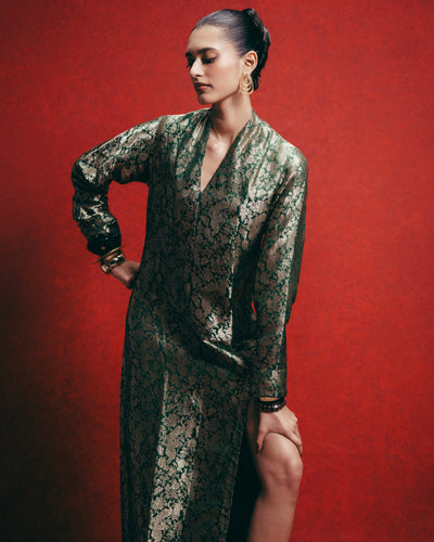 Handwoven Olive Green Banarasi Kaftan