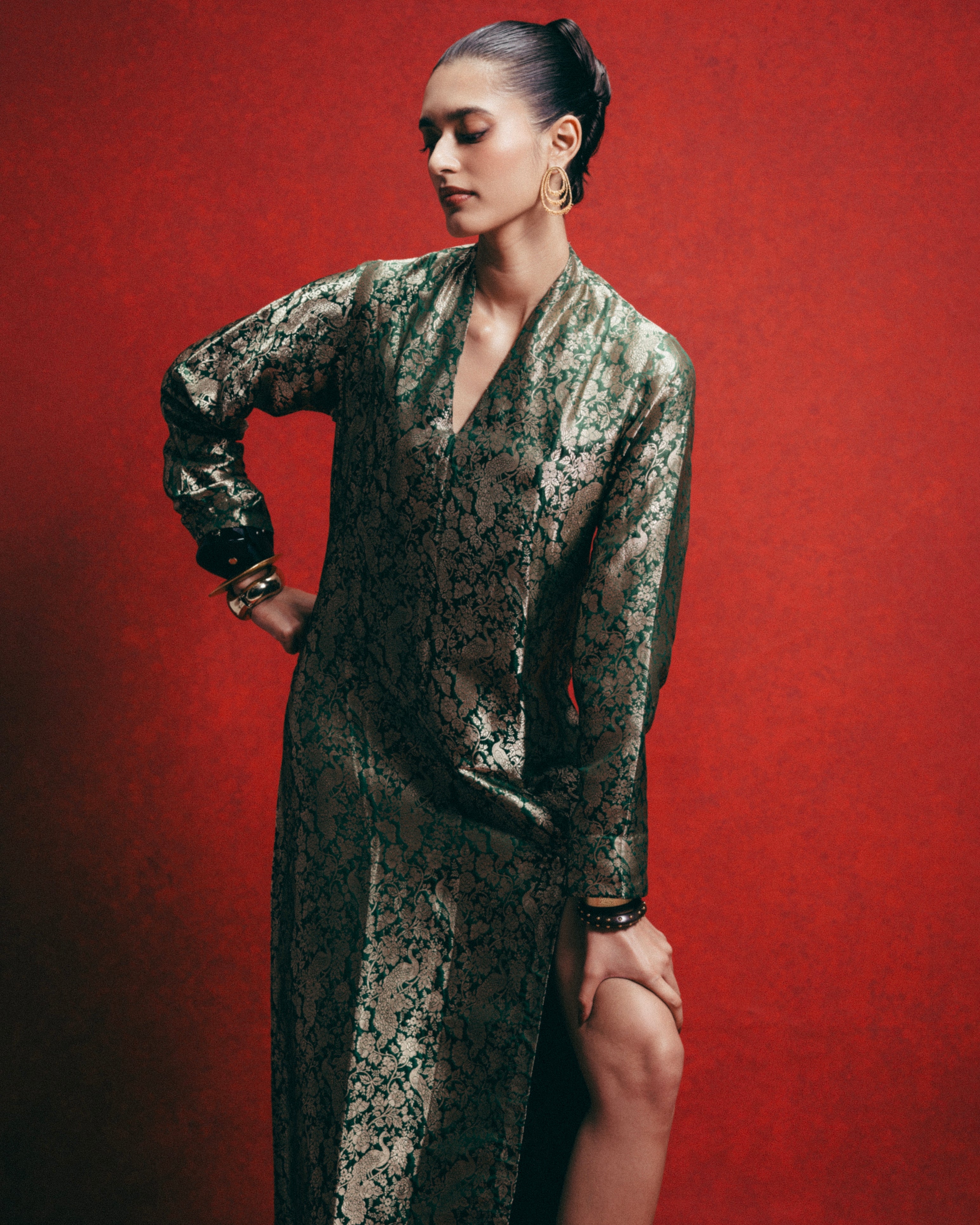 Handwoven Olive Green Banarasi Kaftan