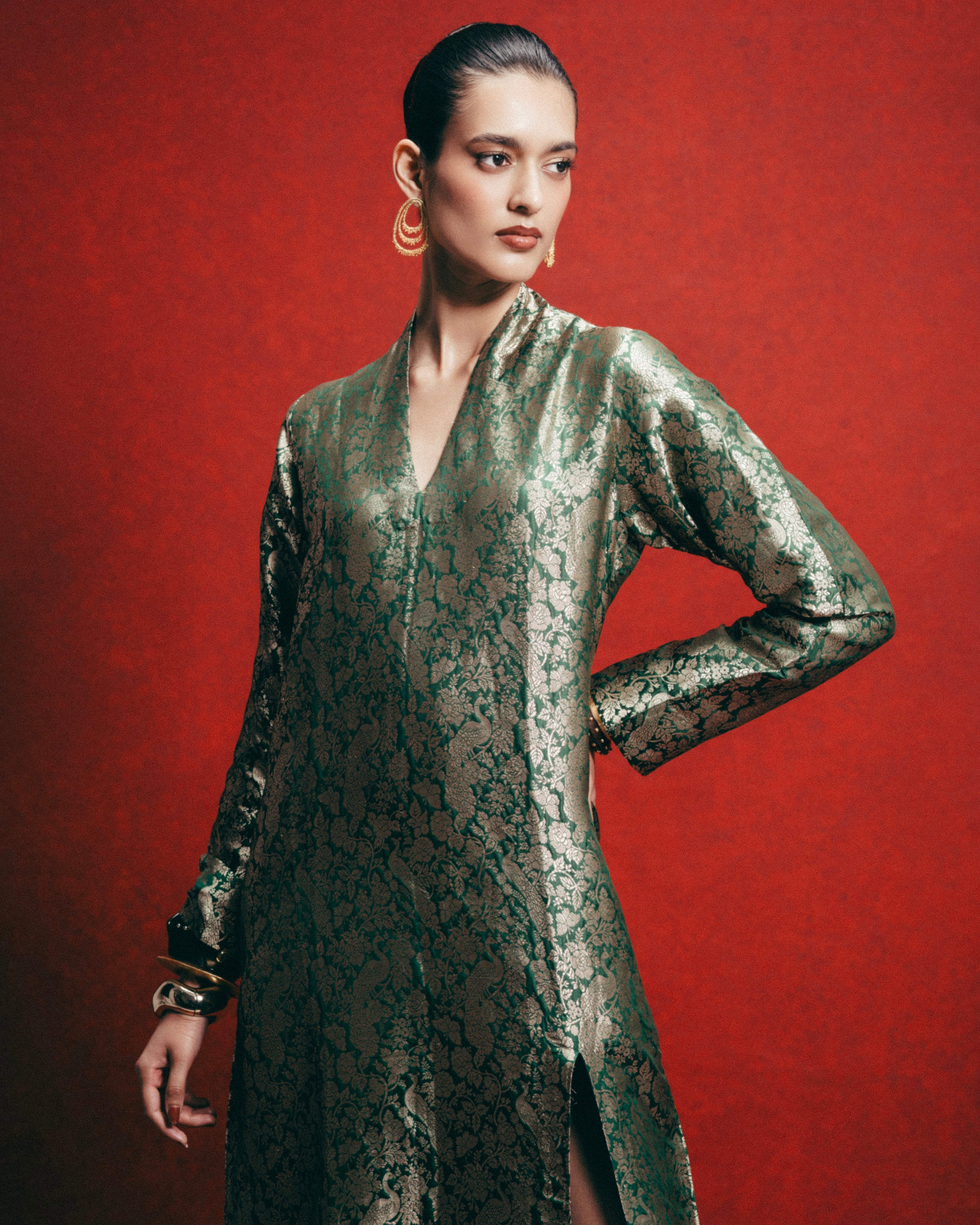Handwoven Olive Green Banarasi Kaftan