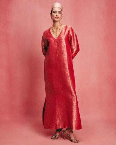 Handwoven Salmon Pink Banarasi Kaftan