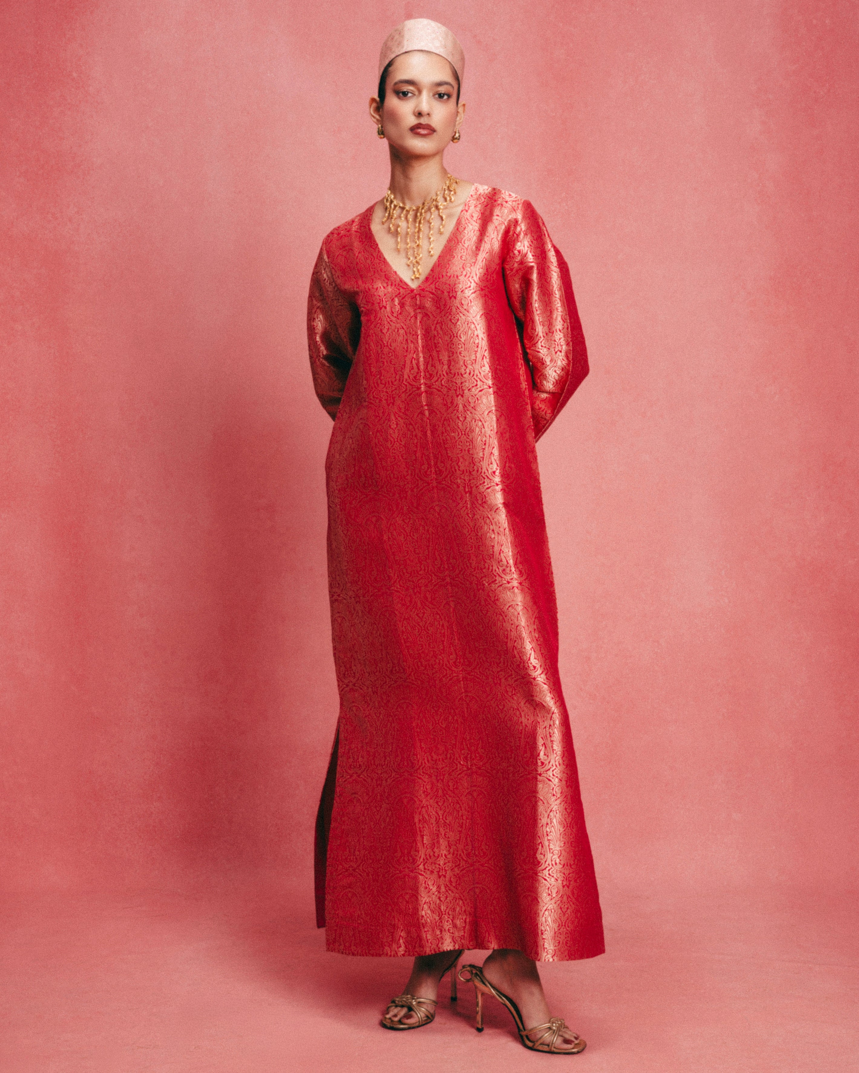 Handwoven Salmon Pink Banarasi Kaftan