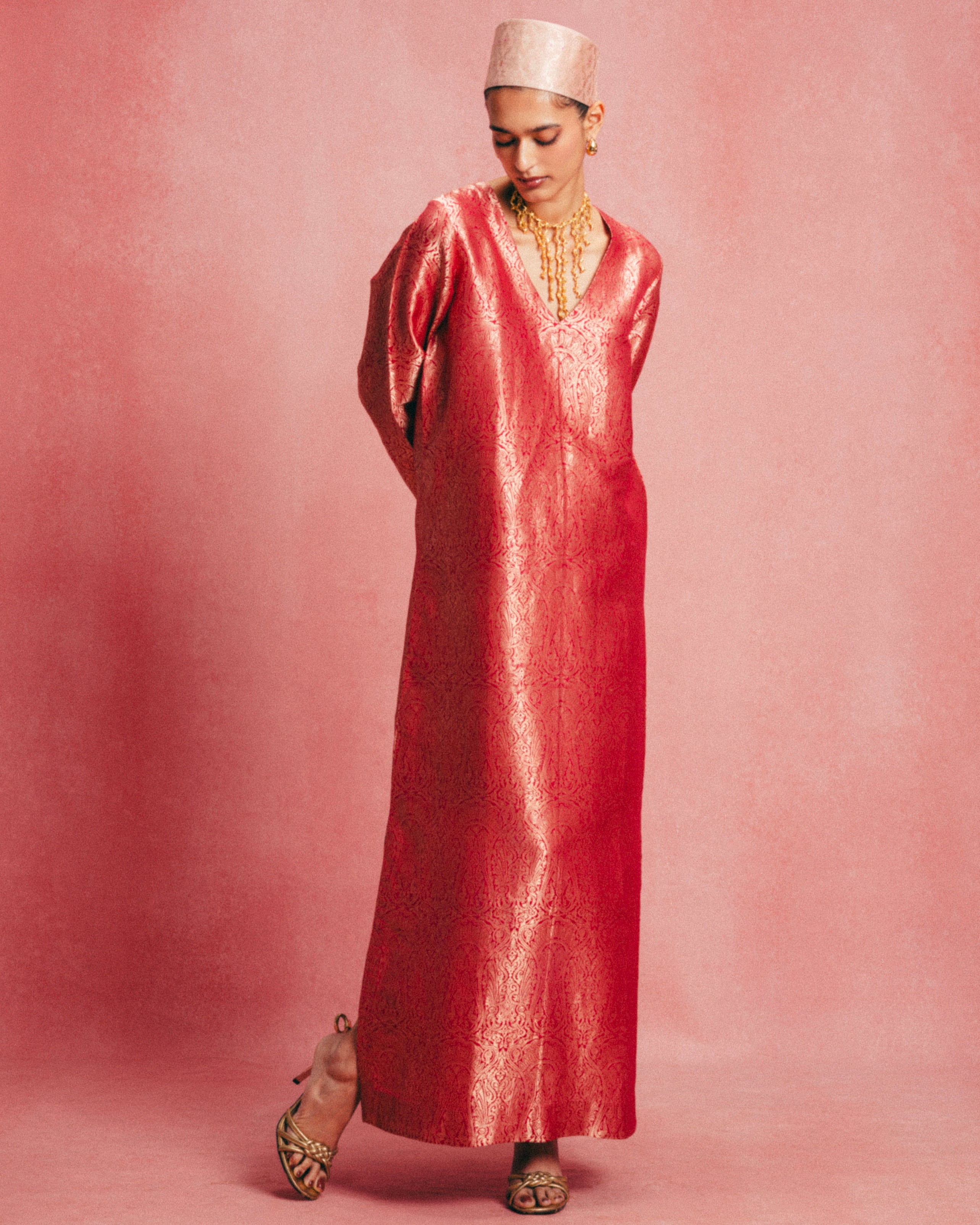 Handwoven Salmon Pink Banarasi Kaftan