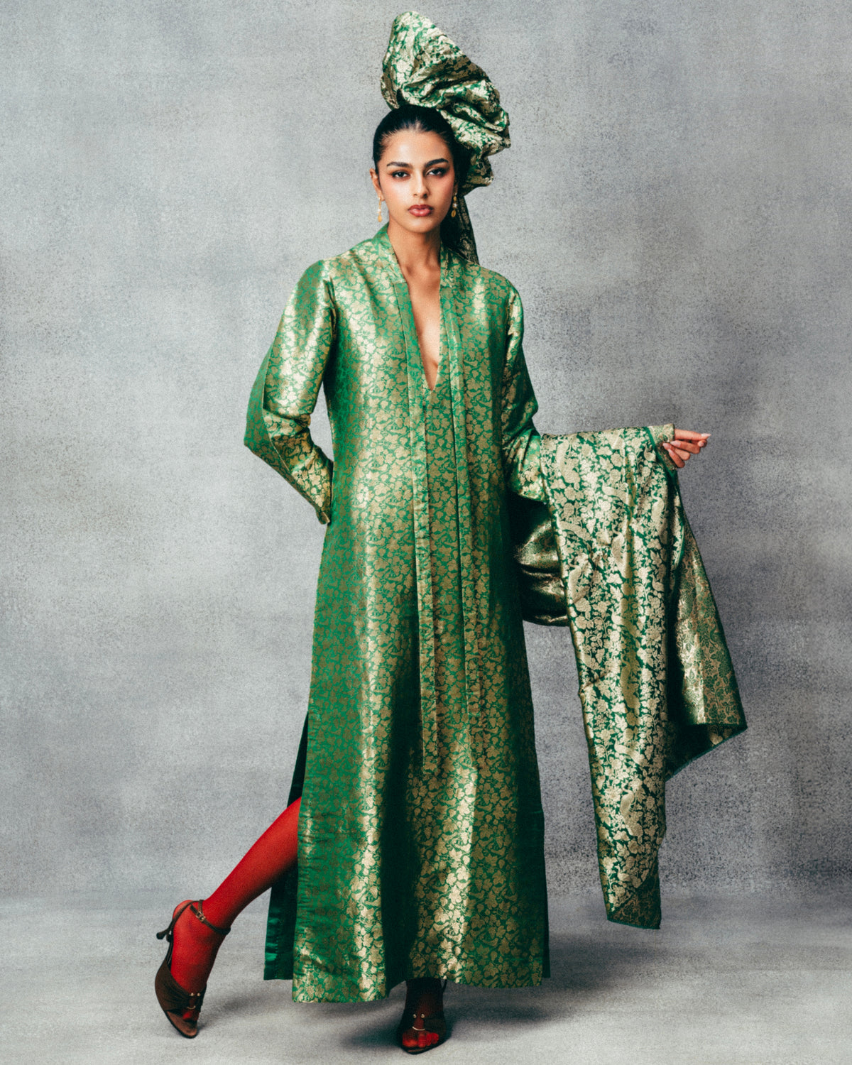 Handwoven Jade Banarasi Kaftan