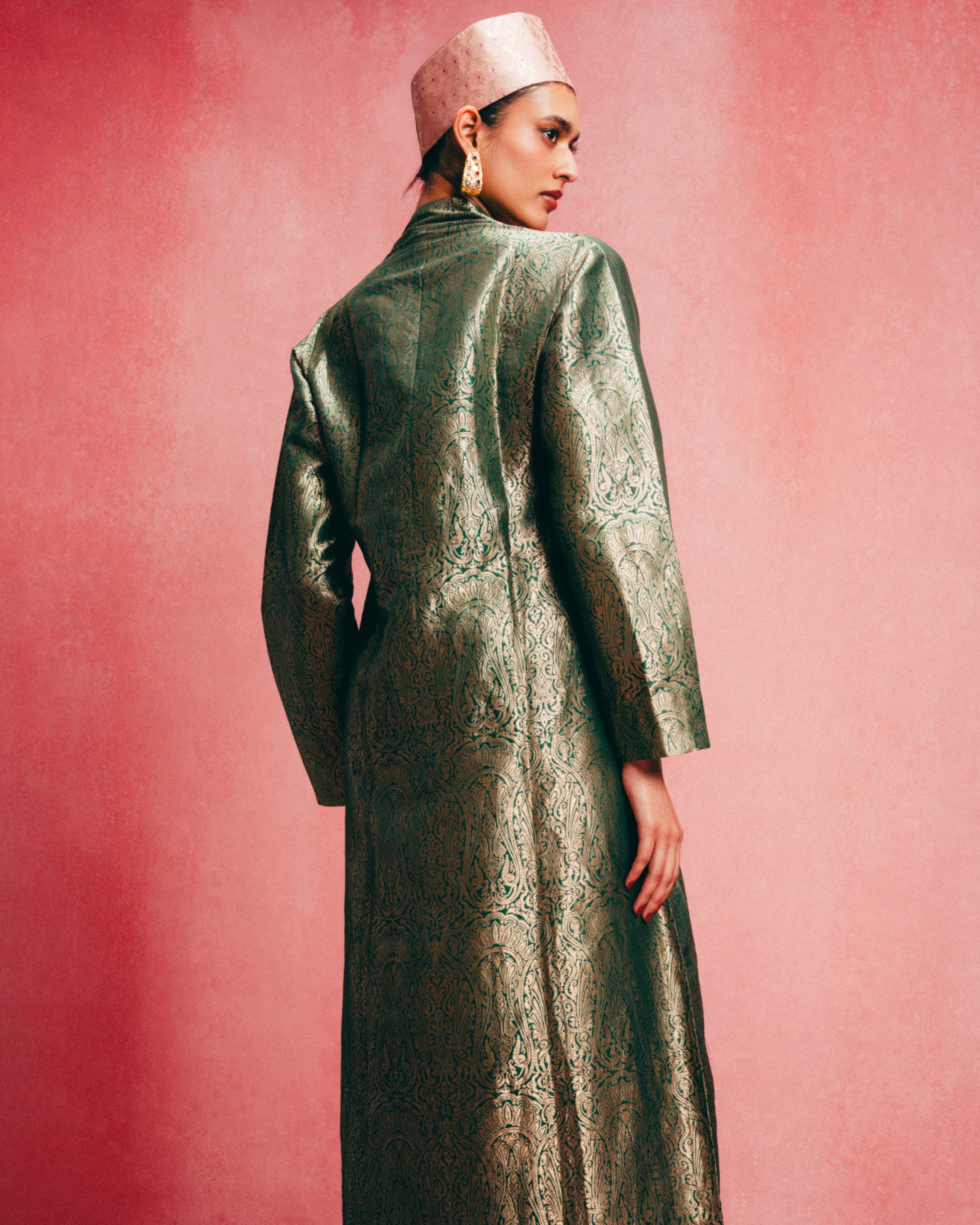 Handwoven Emerald Green Banarasi Kaftan