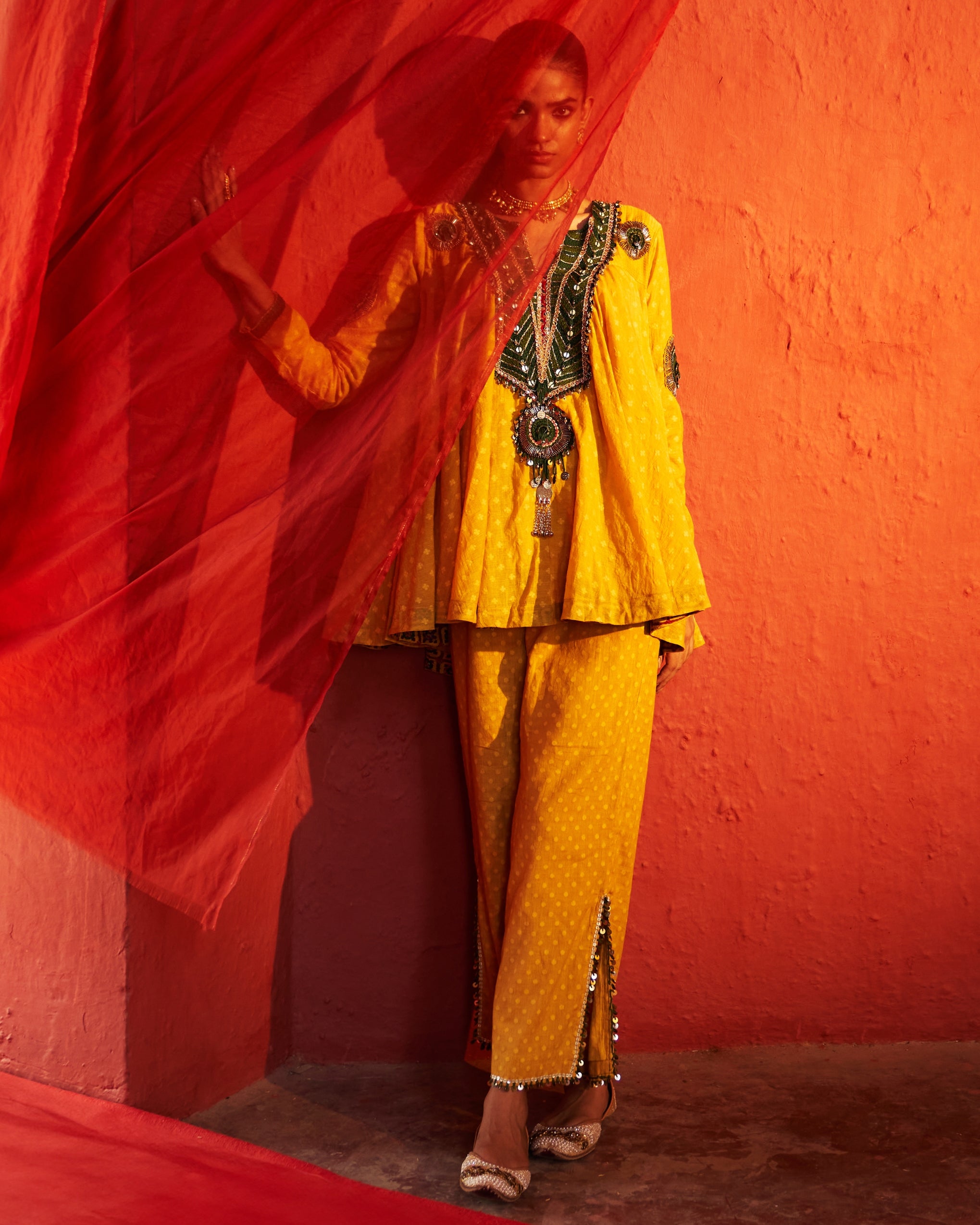 Mustard Embroidered Peplum Set