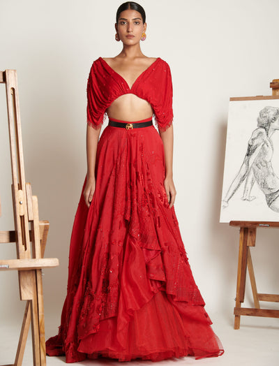 Ruby-Red Celestial Asymmetrical Lehenga With Ruched Tassel Blouse