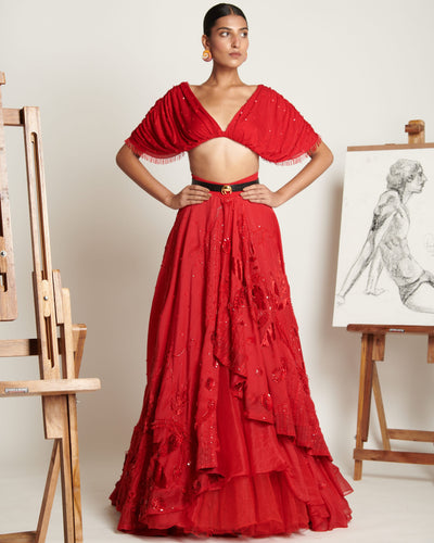 Ruby-Red Celestial Asymmetrical Lehenga With Ruched Tassel Blouse