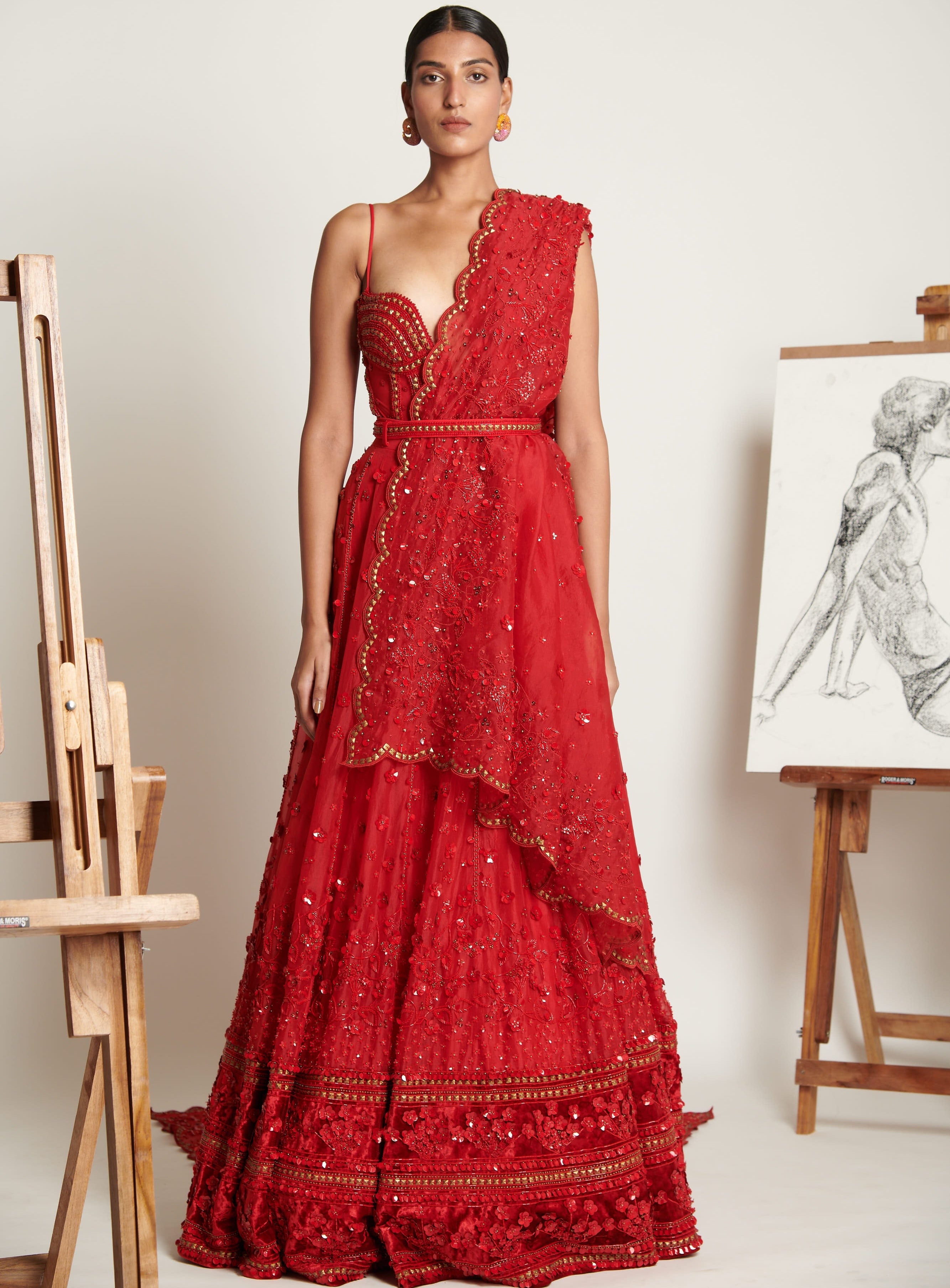 Vermilliion Botanique Lehenga With Embellished Bodysuit And Floral Applique Dupatta