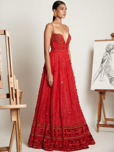 Vermilliion Botanique Lehenga With Embellished Bodysuit And Floral Applique Dupatta