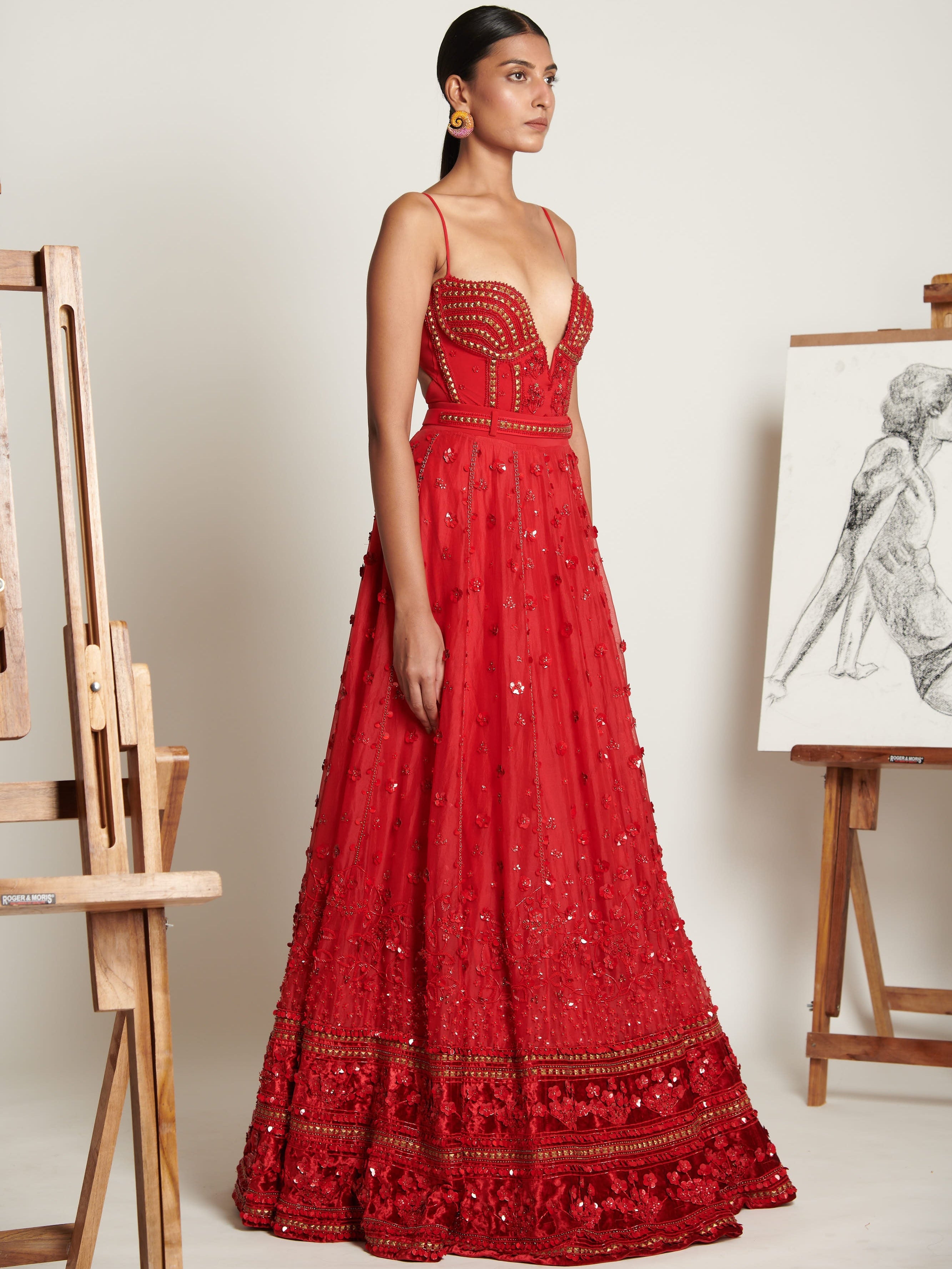 Vermilliion Botanique Lehenga With Embellished Bodysuit And Floral Applique Dupatta