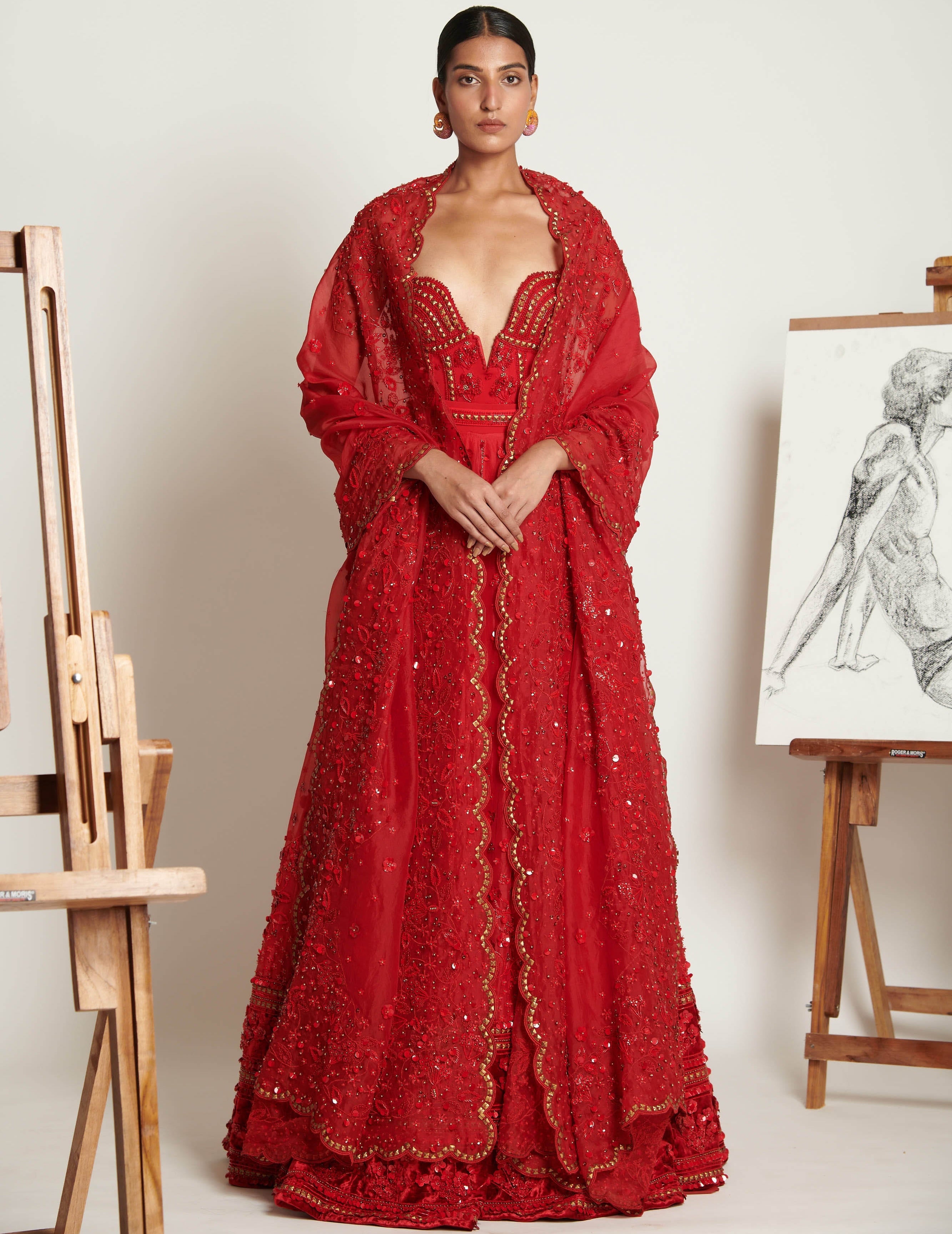 Vermilliion Botanique Lehenga With Embellished Bodysuit And Floral Applique Dupatta