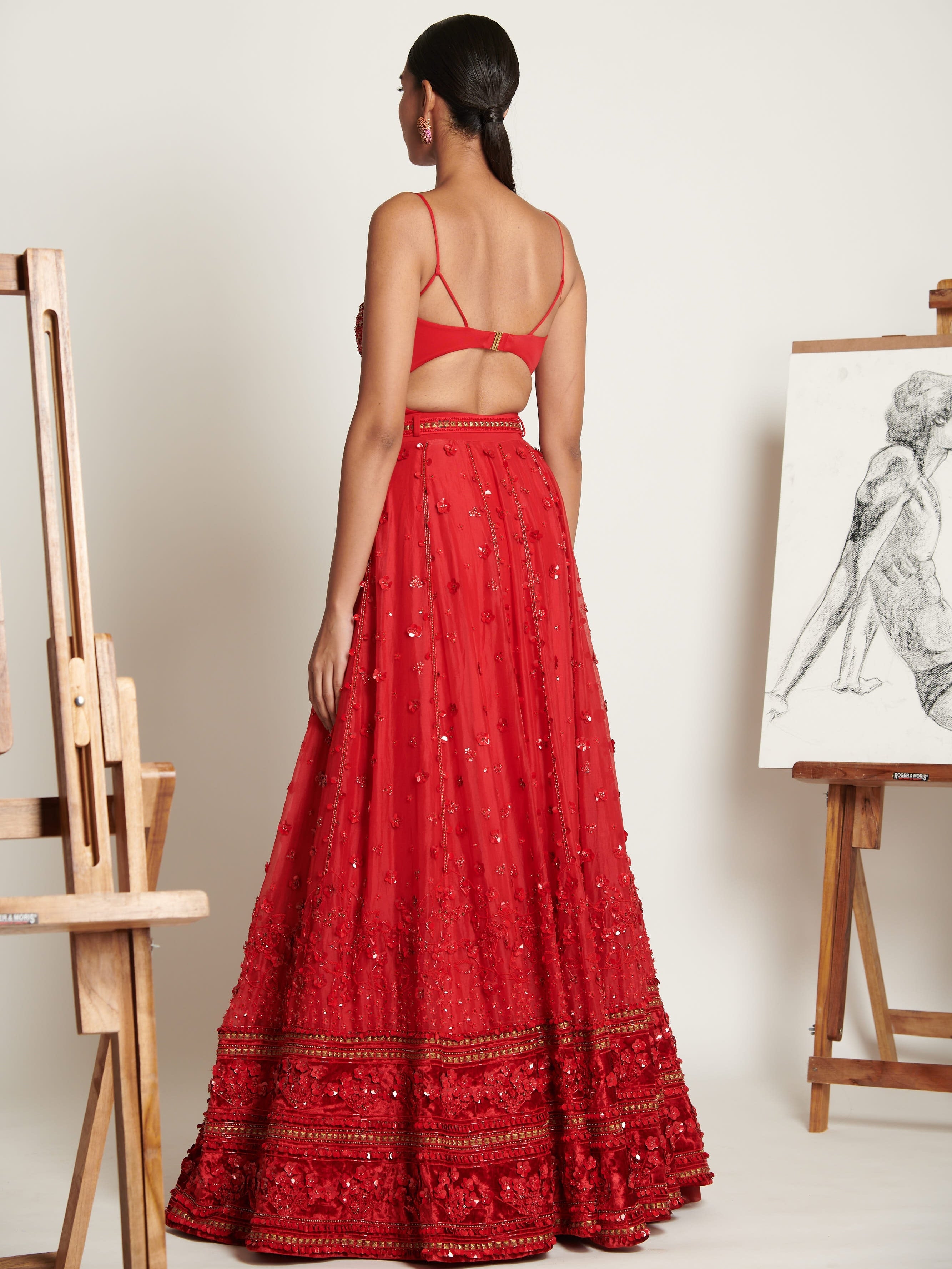 Vermilliion Botanique Lehenga With Embellished Bodysuit And Floral Applique Dupatta